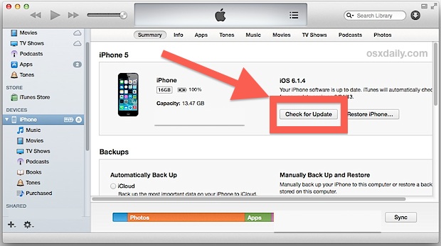 Как обновить iOS через iTunes?