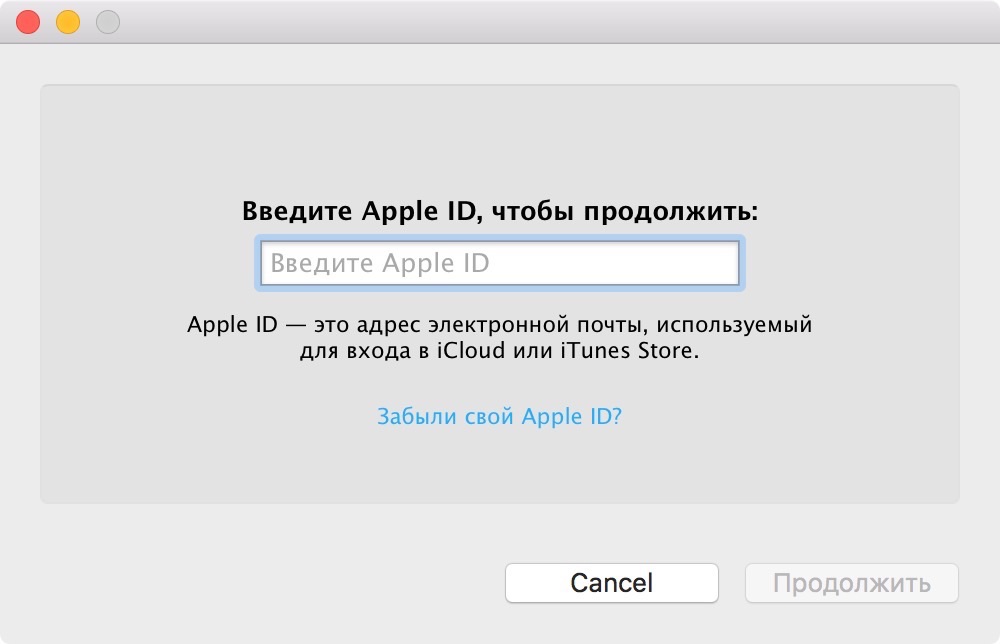 Форма ввода идентификатора Apple ID
