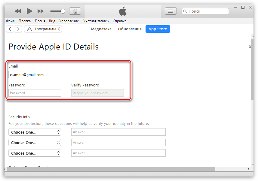 Указание почты и пароля для американского Apple ID